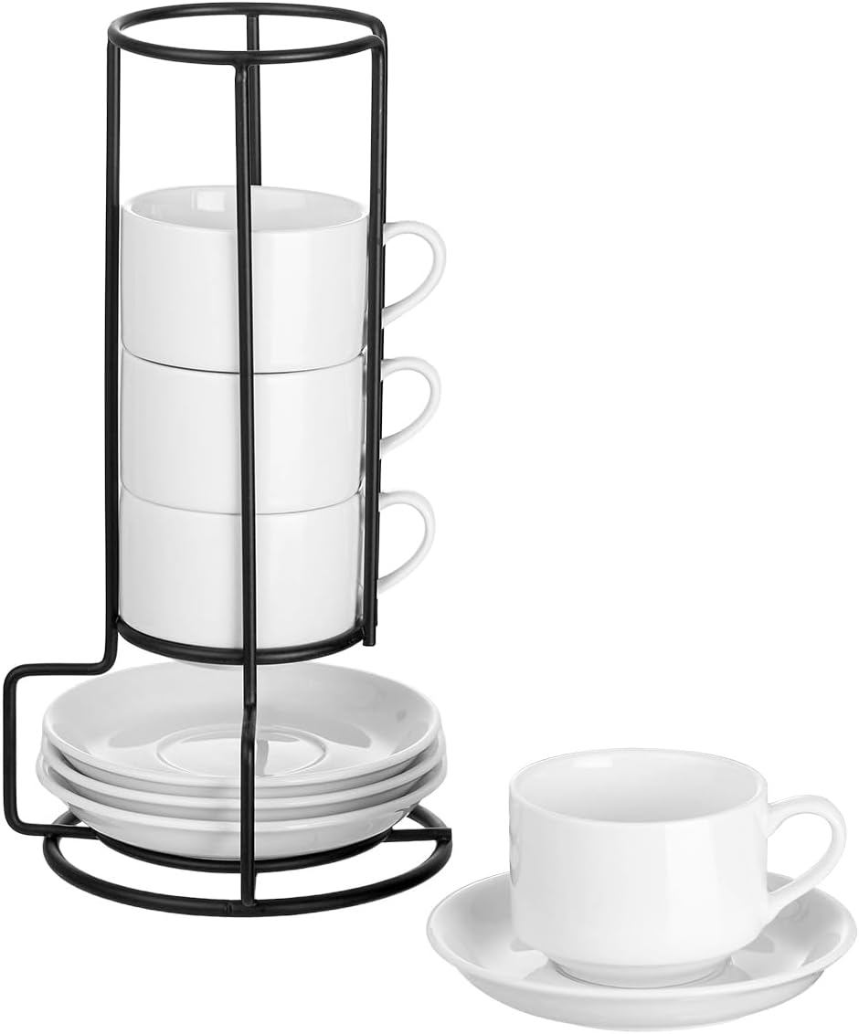 YOLIFE 2.5oz Porcelain Stackable Espresso Cups with Saucers and Metal Stand Set of 4, Stackable Cappuccino Cups, White Expresso Shots Cup Set for Coffee Drinks, Latte, Tea