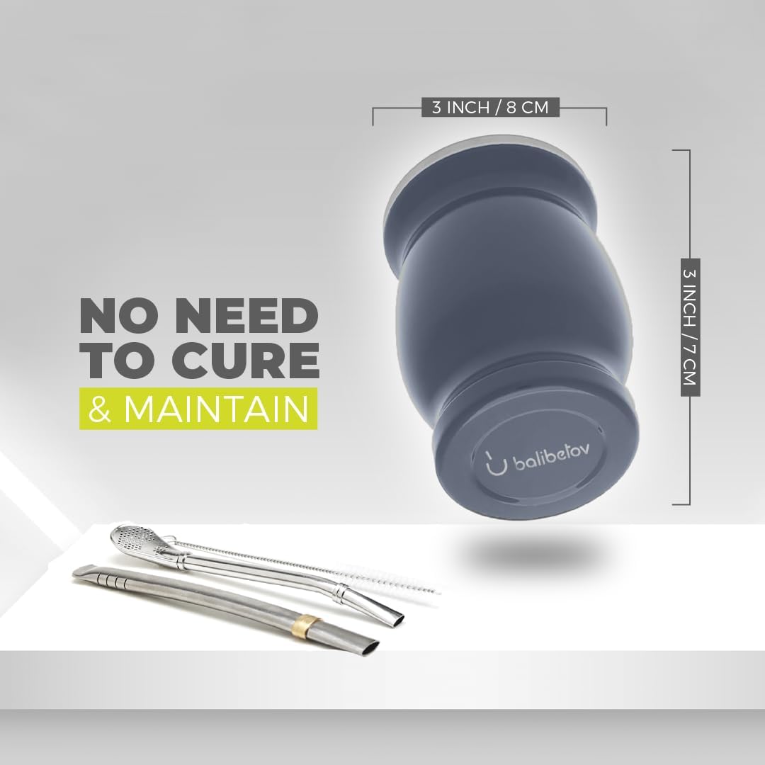 Balibetov [NEW] double wall Stainless Steel Yerba Mate Gourd set (Mate cup) with Yerba Mate Bombilla (straw) (GRAY)
