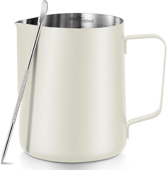 Frothing Milk Pitcher, 20 oz/600 ml Stainless Steel Frothing Milk Jug with Latte Art Pen,with Internal Measurements, for Cappuccino-White