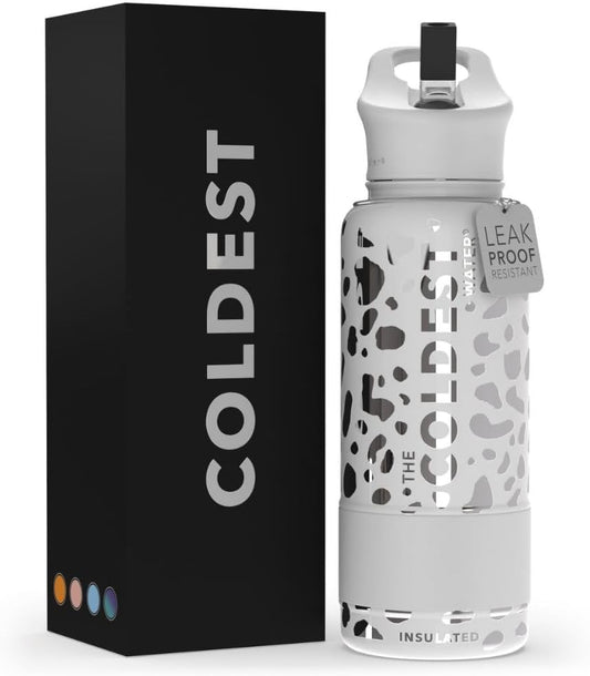 Coldest Insulated Water Bottle with Straw Lid - Stainless Steel Metal Insulated Bottle for Men & Women (Silver Leopard, 32 oz)