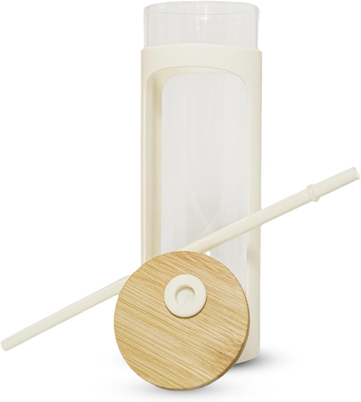 haelo 20oz Glass Tumbler Water Bottle, Iced Coffee Cup with Straw, Silicone Protective Sleeve, Bamboo Lid Reusable BPA Free (Dune)