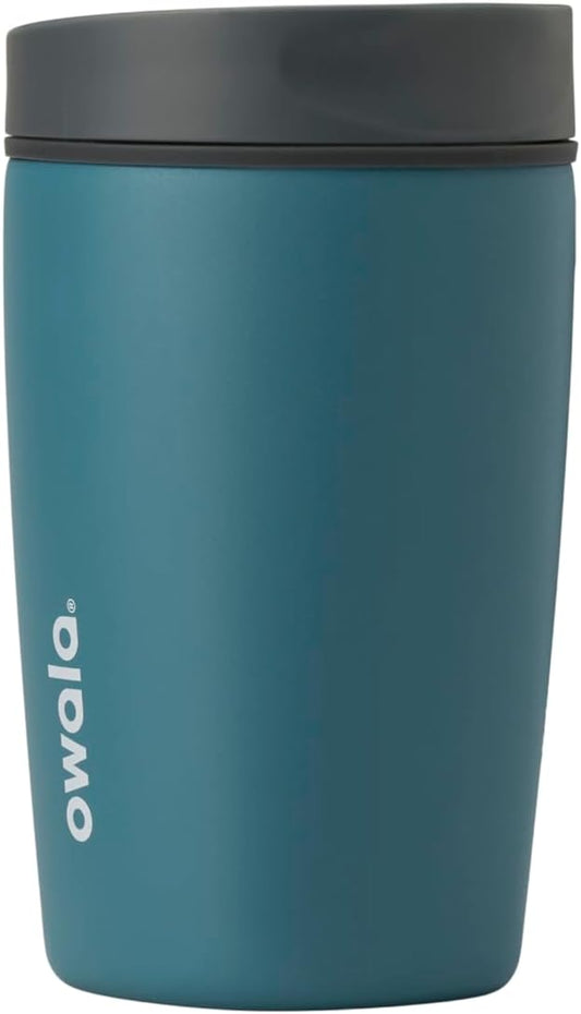 Owala SmoothSip Slider Insulated Stainless Steel Coffee Tumbler, Reusable Iced Coffee Cup, Hot Coffee Travel Mug, BPA Free 12 oz, Grey/Blue (High Dive)