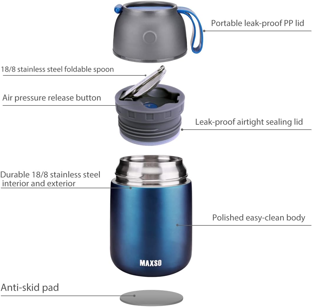 Insulated Thermo Food Jar for Hot & Cold Food for Kids Adult, 17 oz Soup Thermal Hot Food Containers for Lunch, Triple Layer Insulation Stainless Steel Food Jar with Spoon(Blue)