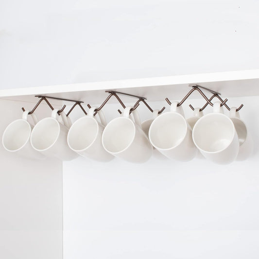 Cabinet Hook Mug Holder - Hanging Coffee Cup Rack for Kitchen, Under Cabinets Metal Hangers Organizer Shelf Storage Utensil (Brown)