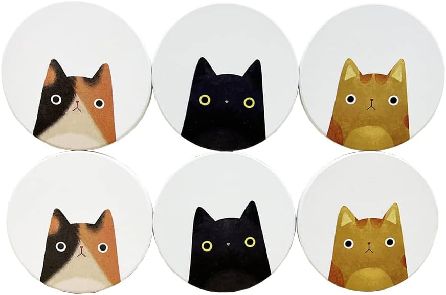 Coasters Set of 6 Round Ceramic Stone Absorbent Cute Cat Drinks Coasters for Cups and Mugs, Coffee Table, Office Desk, Outdoor Patio Table, Tabletop Surface Protection