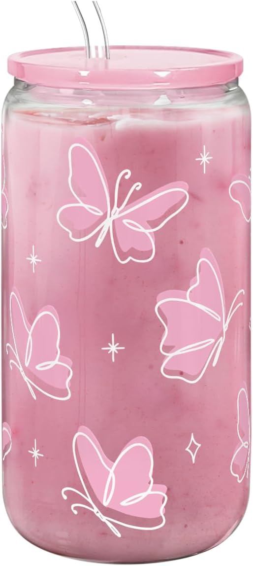 Butterfly 16 Oz Can Glass Tumbler with Acrylic Lid and Straw - Iced Coffee Cups for Women, Aesthetic Glass Cup Gift for Birthday Christmas