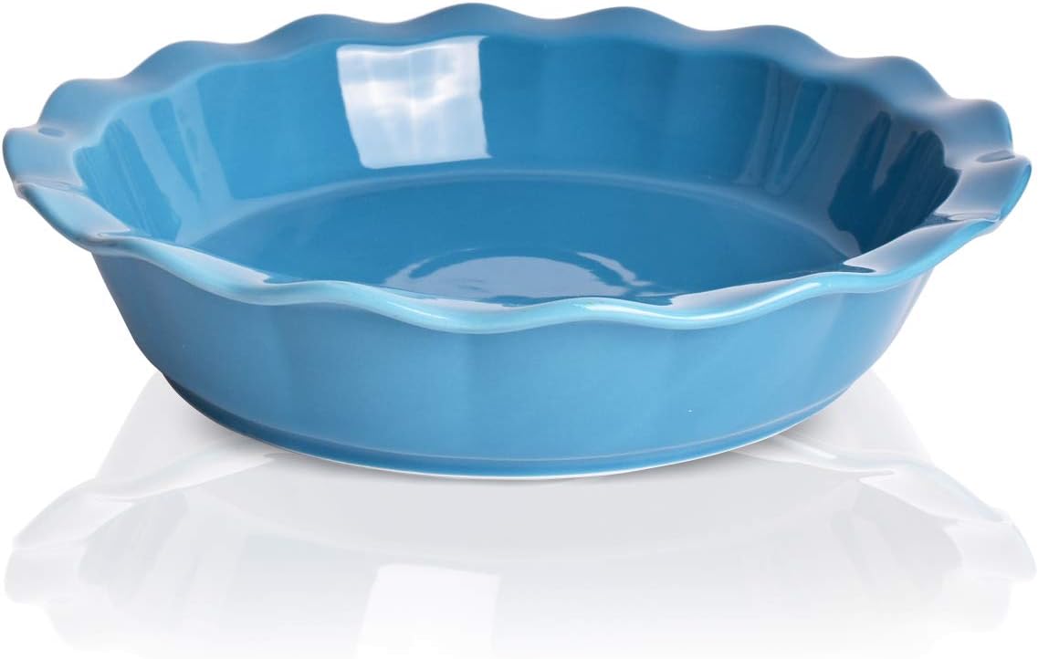 Bosmarlin Ceramic Pie Pan, 9 Inches Pie Dish, 50 oz, Pie Plate for Baking, Microwave, Oven Safe and Dishwasher safe (Cerulean blue, 9 inches)