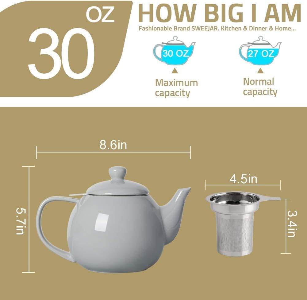 Sweejar Porcelain Teapot with Removable Stainless Steel Infuser,Microwave & Dishwasher Safe Tea Pots for Loose Tea,Tea Infuser Pots for Chrismas Women Gift (30oz Blue)