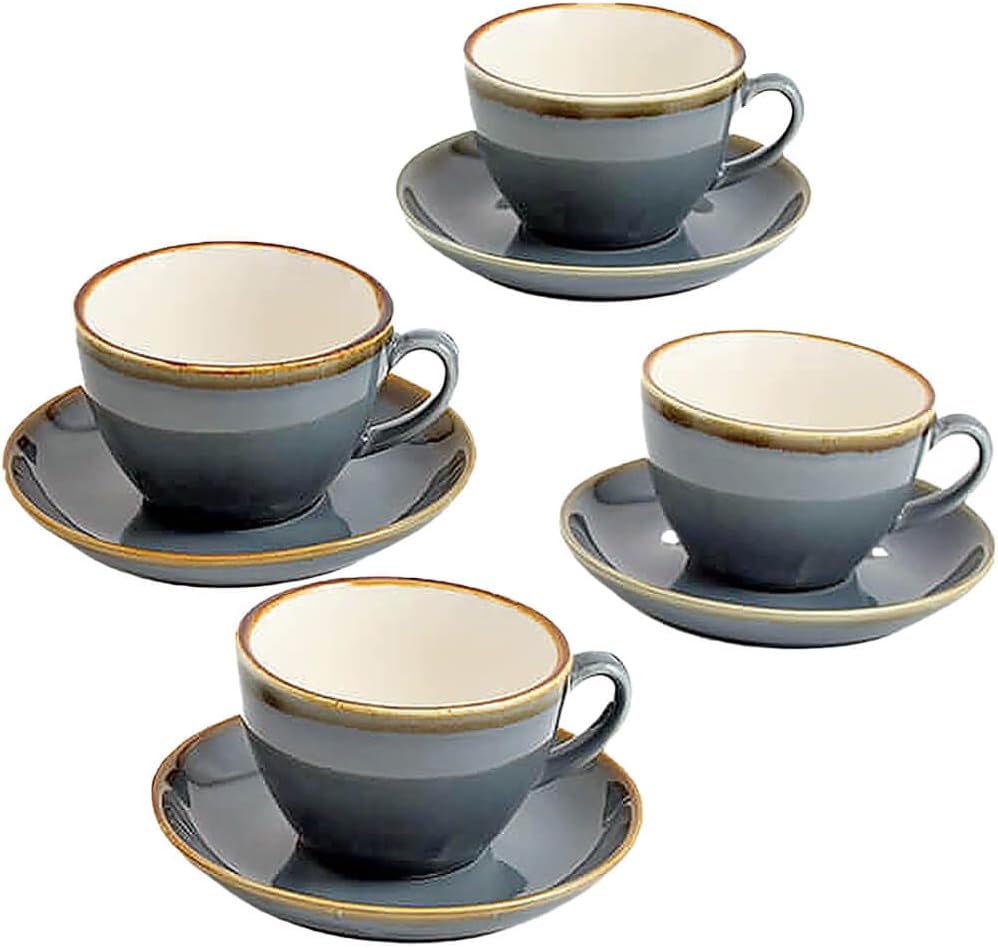 SHUER Ceramic Cappuccino Cup Set of 4, 11.2 OZ Cups and Saucers Set,Coffee Mocha Cup Sets,Black Coffee Cups and Glaze Americano Mug Great for Party and Low Tea Time (Blue 320ml)