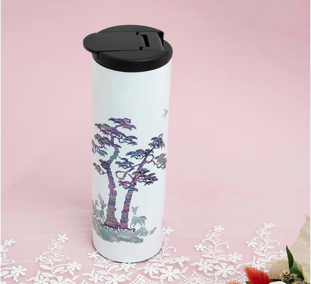 Mother of Pearl Design Stainless Steel Water Bottle 17 oz Leakproof Screw Cap Wide Mouth Double Wall Vacuum Insulated Travel Sport Water Flask Thermo Mug (Deer Pine White)