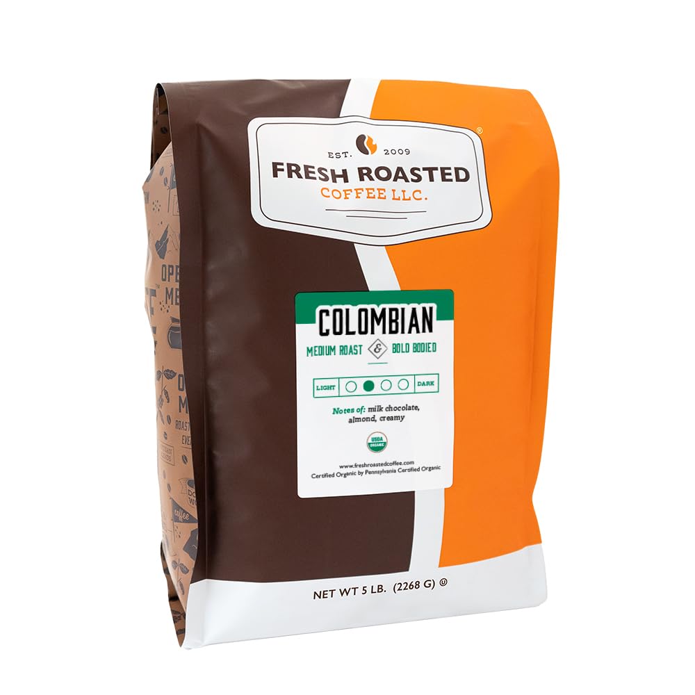 Fresh Roasted Coffee, Organic Colombian | USDA Organic, 100% Single Origin, Kosher | Medium Roast 5 lb (80 oz) Ground