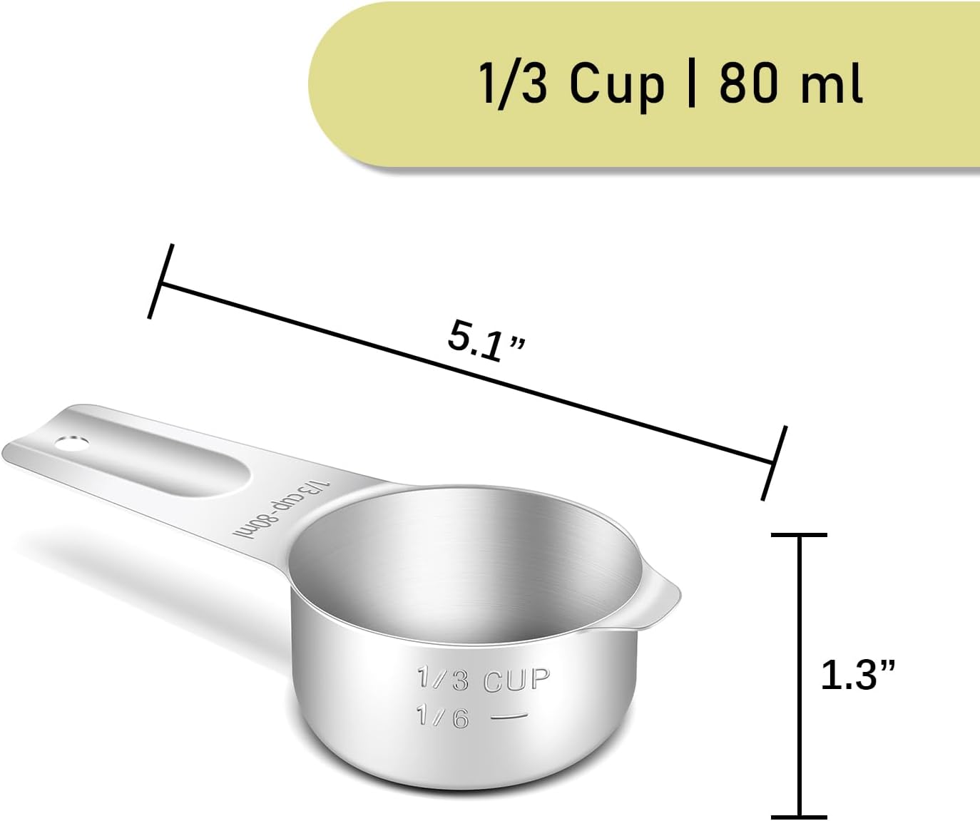 1PCS 1/3Cup (80ml, 2.7oz) Single Measuring Cup, Stainless Steel Measure Scoop, Metric and US Measurement, Heavy Duty, Dishwasher Safe