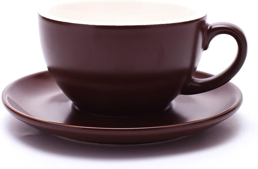 Latte Art Cup and Saucer Cappuccino & Americano, New Bone China, Mate for Coffee Shop and Barista (Matte Brown, 8.5 oz)