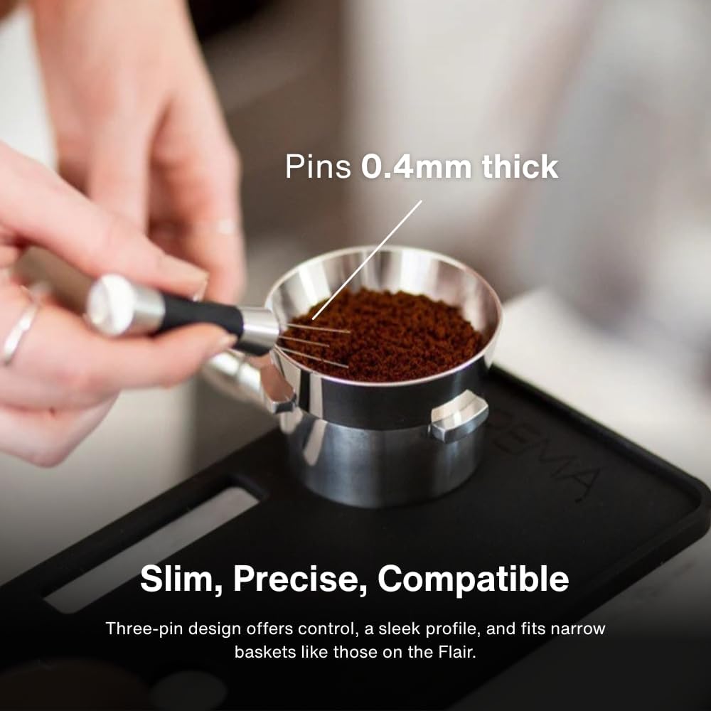 Crema Coffee Products Weiss Distribution Technique (WDT) Tool | Even Coffee Ground Distribution for Better Extraction | Stainless Steel with Silicone Grip | Includes 6 Pins & Storage Vault | Black