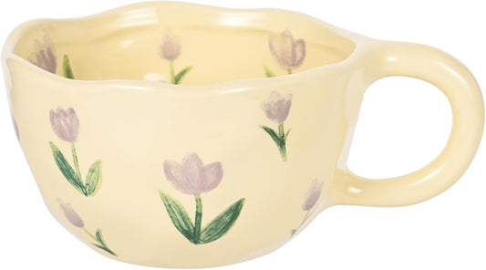Ceramic Coffee Mug Vintage Flower Mugs 8 oz Cute Floral Coffee Mugs Irregular Latte Art Cup Lead-free Porcelain Cups for Cappuccino, Cocoa (Purple Tulips)