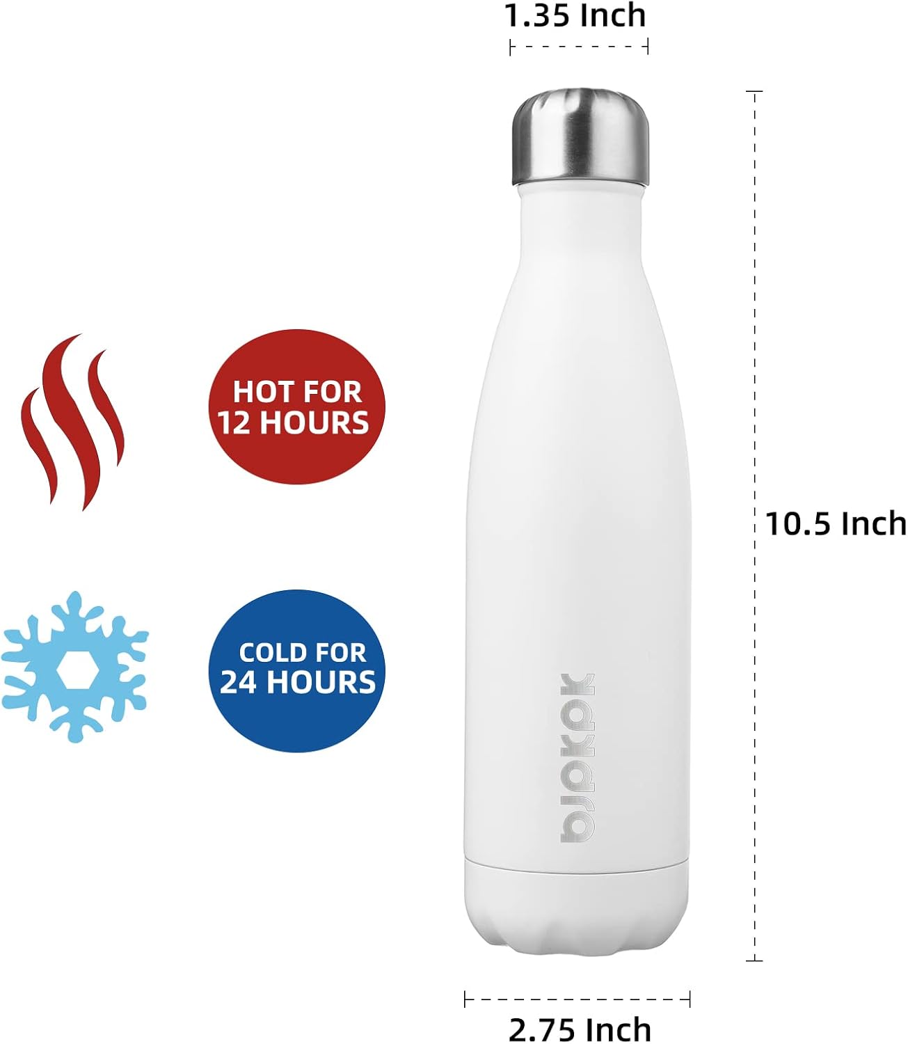 BJPKPK Insulated Water Bottles -17oz/500ml -Stainless Steel Water bottles, Sports water bottles Keep cold for 24 Hours and hot for 12 Hours,BPA Free water bottle,White (Pack of 2)