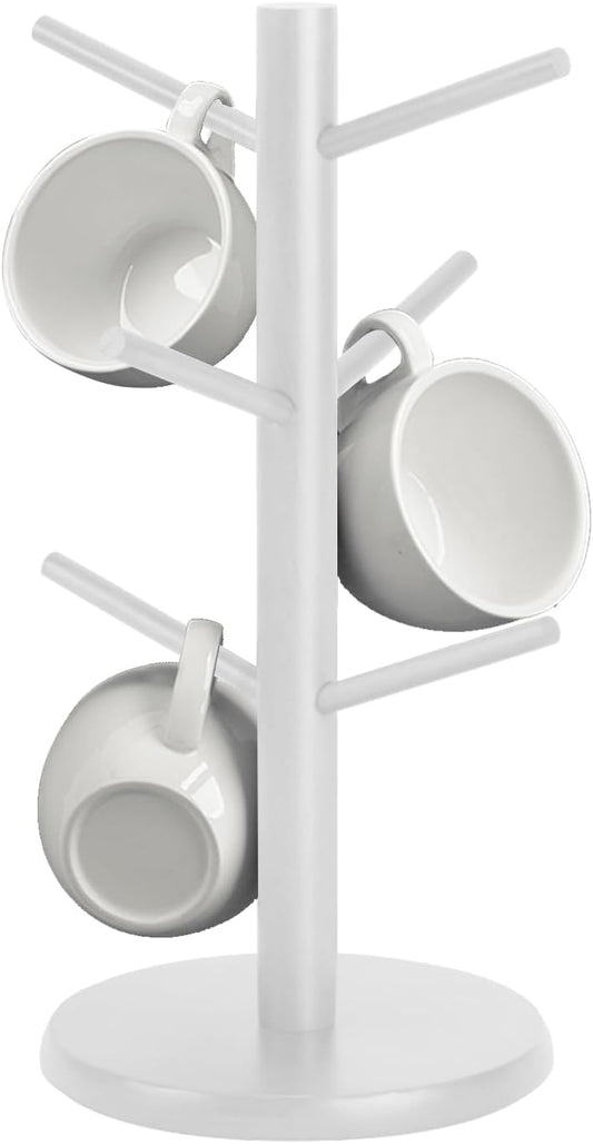 Wooden Mug Holder Tree, Coffee Cup Holder, Mug Organizer with 6 Hooks (White)