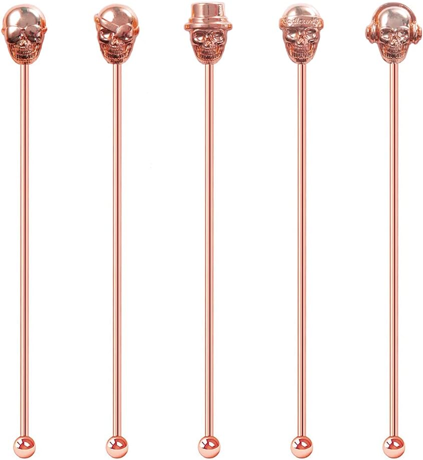 Skull Shape Swizzle Sticks, Reusable Stainless Steel Coffee Beverage Stirrers Cocktail, 5-Pack Drink Stir Sticks for Bar Party Home Office (Rose Gold)