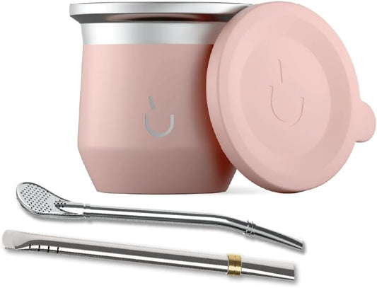 BALIBETOV Yerba Mate Cup – Vacuum Insulated Stainless Steel Gourd with Silicone Cover & Non-Slip Base – Includes 2 Bombillas & Cleaning Brush – Unique Design, Easy to Clean