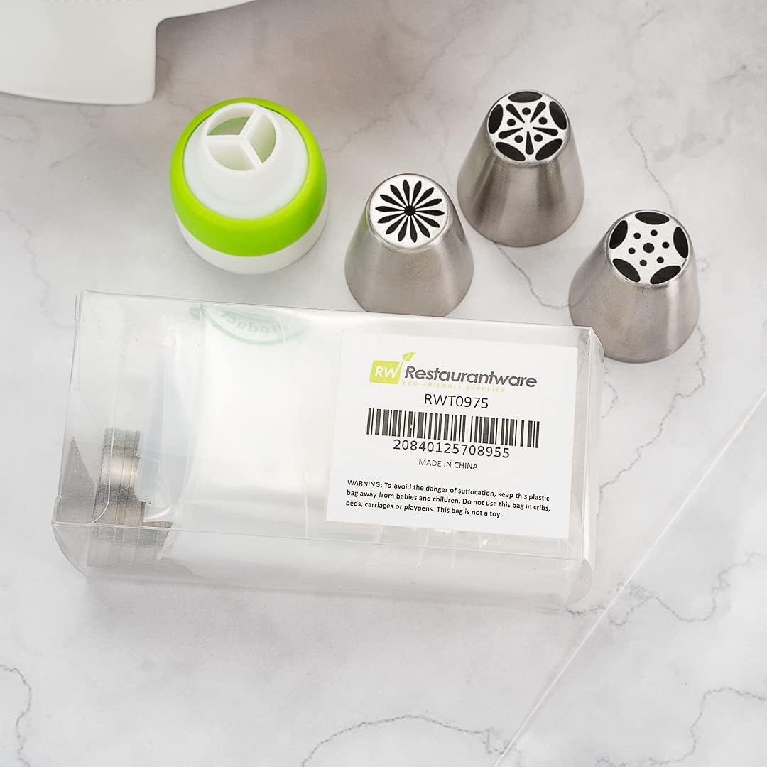 Restaurantware Pastry Tek Russian Piping Tips Set 23 Piece Durable Cake Decorating Kit - 12 Piping Tips 10 Piping Bags Stainless Steel Piping Bags And Tips Set 1 Tri-Color Coupler