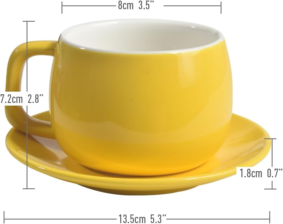 Porcelain Coffee Cup with Saucer 270ml/9oz, Minimalist Design, Perfect for Latte, Cappuccino, and Tea, Yellow