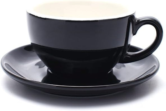 Free Pour Coffee Cup and Saucer, Small Cappuccino and Double Espresso, Ceramic Coffee Cups for Coffee Shop and Barista (Glossy Black, 5 oz)