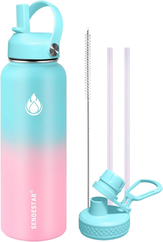 SENDESTAR Water Bottle 40oz Double Wall Vacuum Insulated Leak Proof Stainless Steel Sports Water Bottle—Wide Mouth with New Flex Straw Lid & Spout Lid (Bubble Gum)