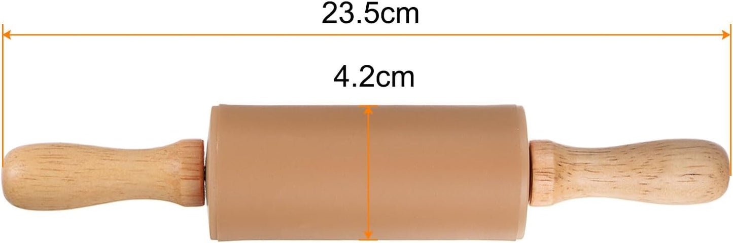 HARFINGTON Silicone Rolling Pins for Baking 9.25 Inch Non-Stick Silicone Surface Wooden Handle Rolling Pin Small Roller Playdough Rolling Pins for Fondant Kitchen Dough Pizza, Brown