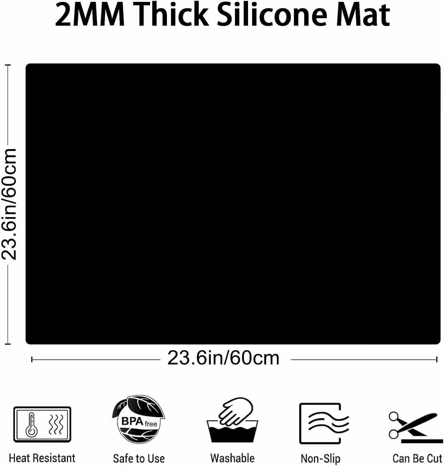 2MM Thick Silicone Countertop Mat, 23.6"x 23.6" Silicone Mats for Kitchen Counter, Nonslip Heat Resistant Mat, Large Kitchen Counter Mats, Waterproof Countertop Protector, Black