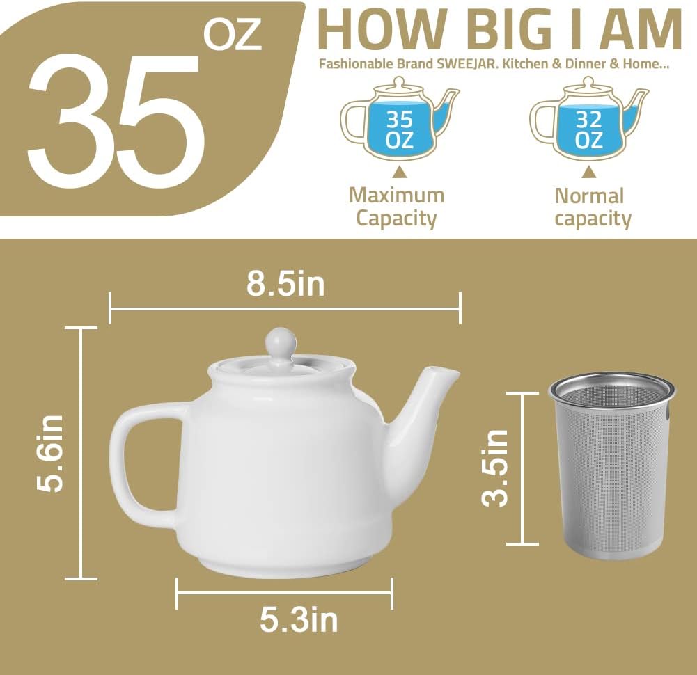 Sweejar 35 oz Porcelain Tea Pot, Teapot with Removable 18/8 Stainless Steel Infuser, Microwave & Dishwasher Safe Tea Maker, Tea Infuser Pots for Blooming loose Leaf Tea,Women Chrismas Women Gift (Red)