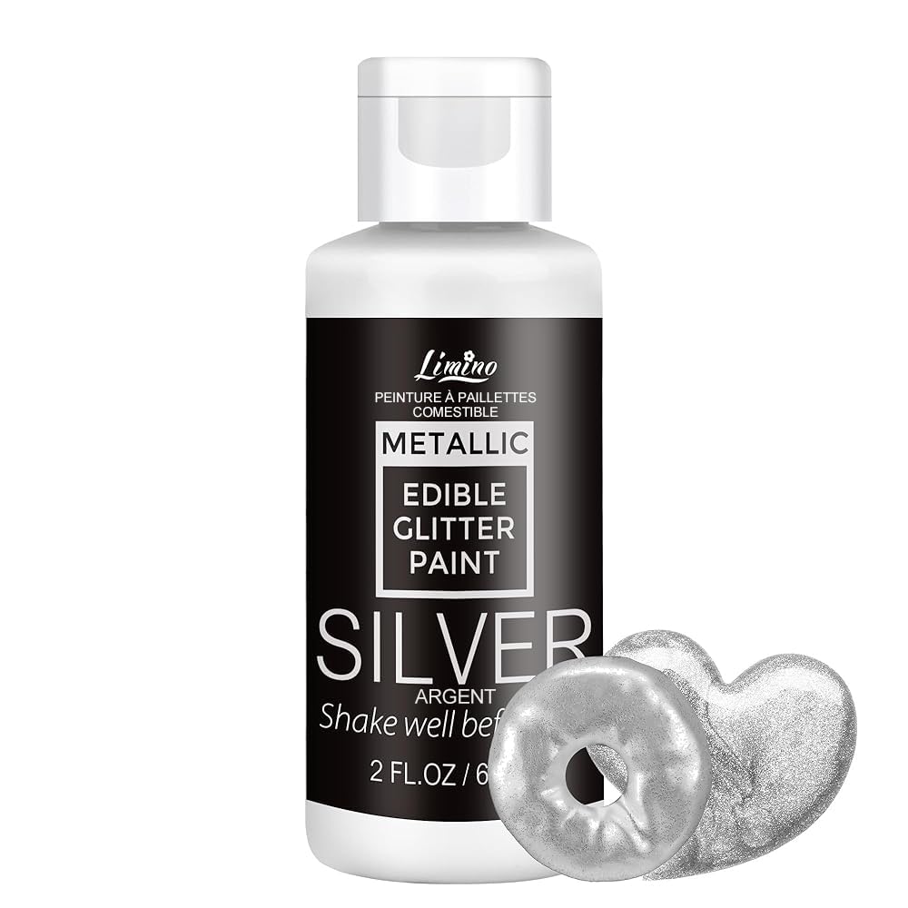 Edible Glitter Paint - 2 fl.oz Food Grade Metallic Glitter Cake Paint for Cake Decorating, Baking, Cupcakes - Shimmer Art Decorative Liquid Edible Paint Food Coloring for Fondant, Donuts (Silver)