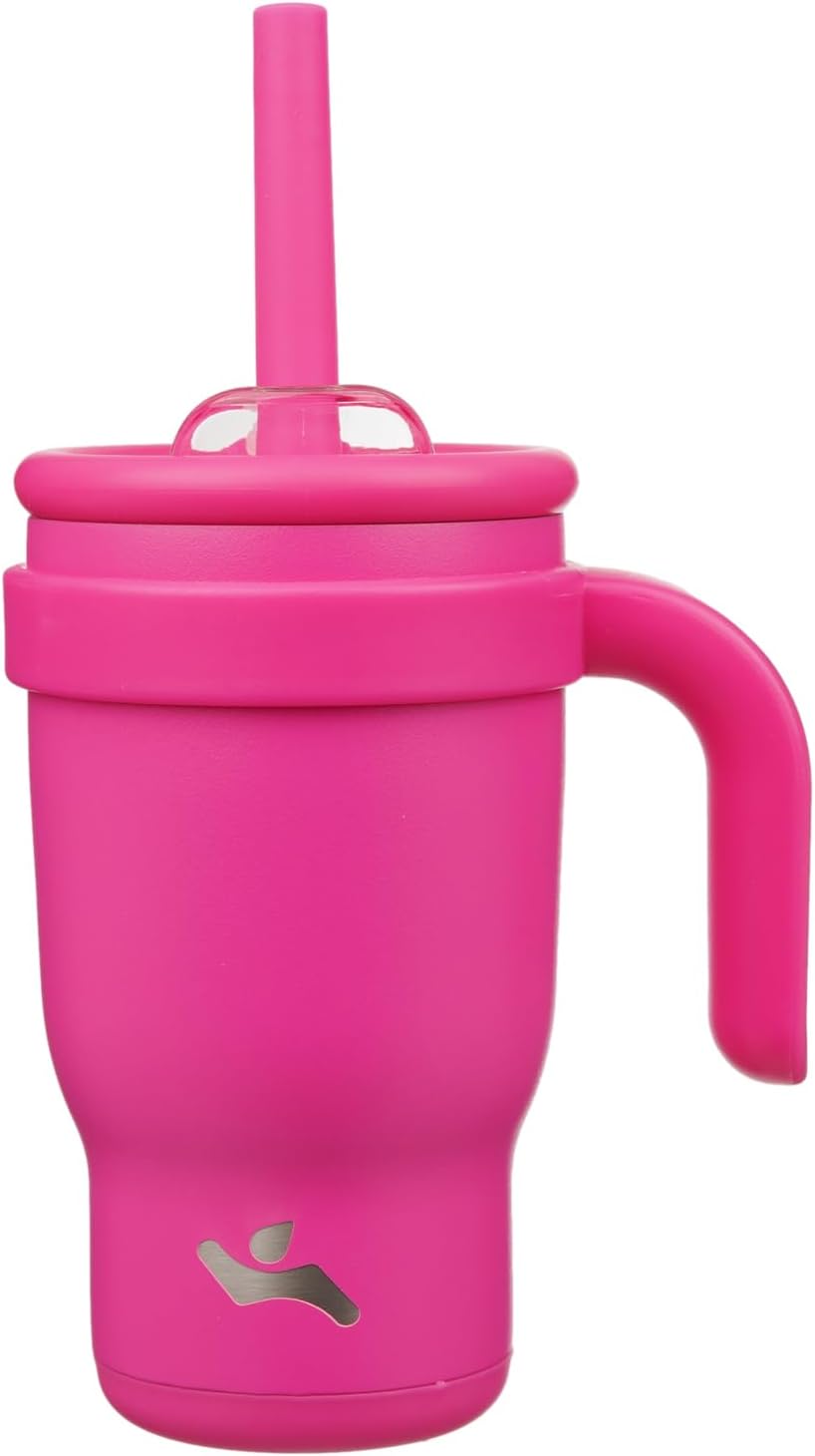 14 oz Tumbler with Side Handle, Insulated Water Bottle with Straw and 2 in 1 Lid, Stainless Steel Cup Travel Coffee Mug for Sports Office Gym,Fuchsia
