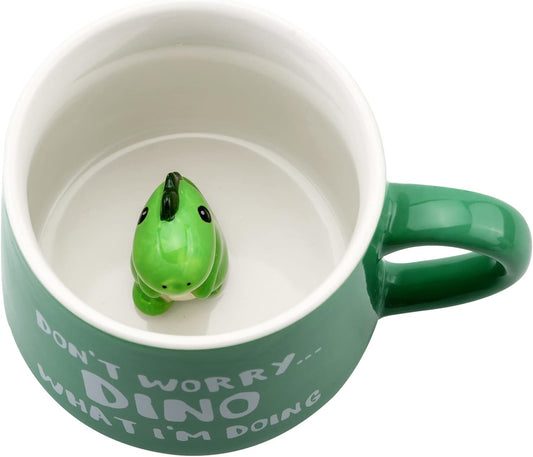 Green Dinosaur Ceramic Cup Hidden 3D Animal Inside Mug,12 oz Cute Cartoon Handmade Figurine Mugs,Christmas Birthday Surprise for Friends Family or Kids (Green Dinosaur)