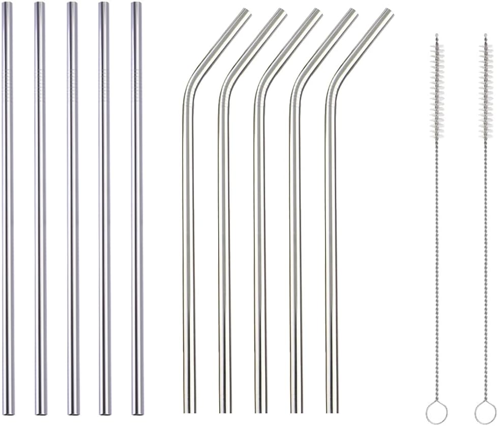 10 Pcs Stainless Steel Straws, Reusable Drinking Straws, 5 Straight + 5 Bent Metal Straws Set With 2 Pcs Cleaning Brushes (Silver, 8.5 Inch)