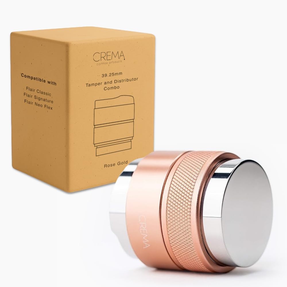 Crema Coffee Products 39.25mm Hand Tamper & Coffee Distributor V2 | Compatible with Flair Classic, Signature,and Neo|Double-Sided, Adjustable Depth Tool|Made with Durable 304 Stainless Steel|Rose Gold