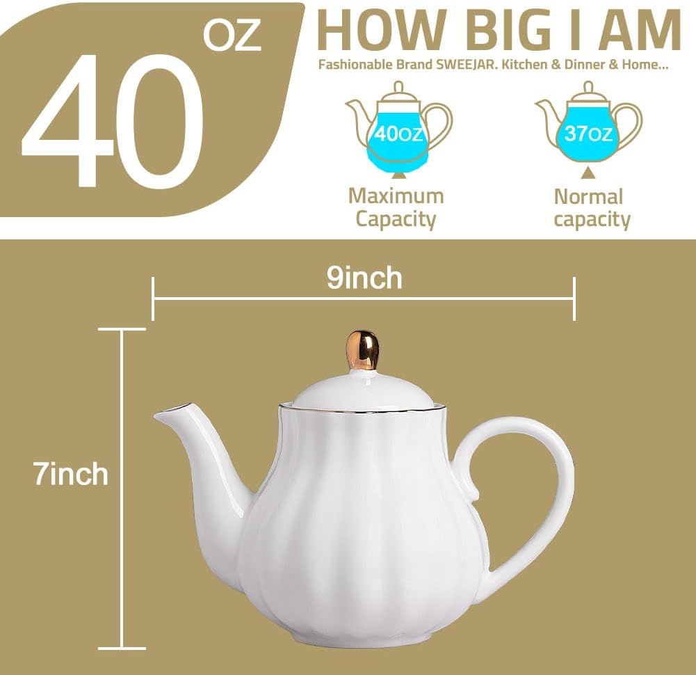 Sweejar Royal Teapot, Ceramic Tea Pot with Removable Stainless Steel Infuser, Blooming & Loose Leaf Teapot - 40 Ounce (White)
