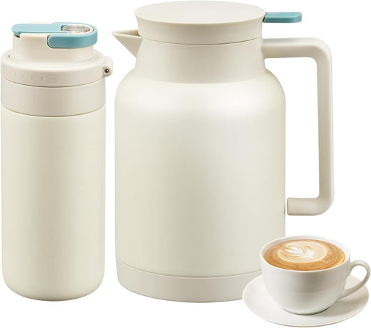 2 Pack 49oz Thermal Coffee Carafe and 15oz Insulated Water Bottle, Stainless Steel Vacuum Thermal Carafes and Water Bottle for Keeping Coffee, Tea, Water - Keep 12 Hours Hot, 24 Hours Cold