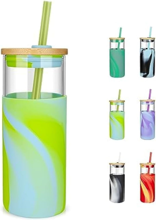 Tronco 20 oz Glass Tumbler with Straw and Lid- Glass Cup with Lid and Straw, Iced Coffee Cup Reusable, Smoothie Cups, Bamboo Lid and Protective Silicone Sleeve - BPA-Free