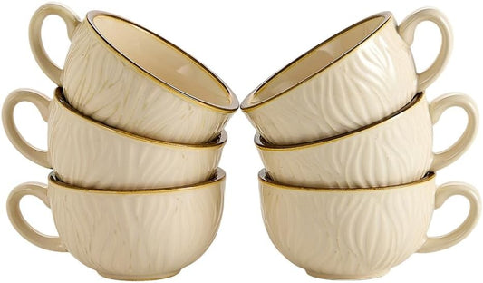 Set of 6 Vintage Design 12 oz Professional Barista Ceramic Latte Art Cappuccino Cups Set (Wave Beige)