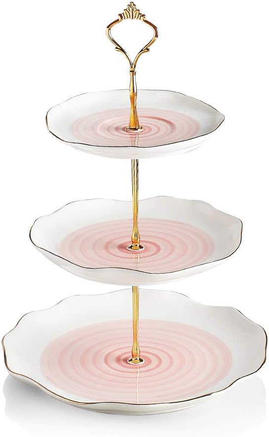 Sweejar 3 Tier Ceramic Cake Stand,Dessert Stand,Cupcake Stand,Tea Party Pastry Serving Platter,Food Display Stand for Tea/Coffee/Birthday/Wedding/Women/Afternoon/Gift - Pink