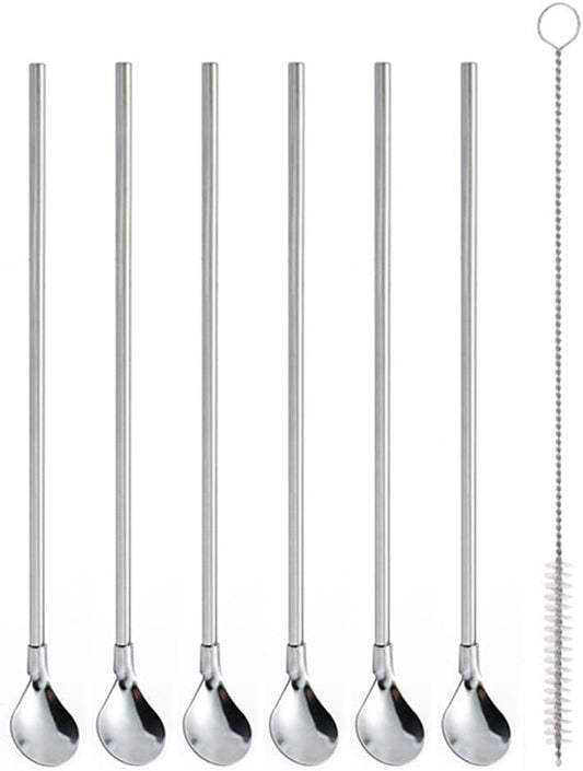 Reusable Stainless Steel Long Handle Straws Spoon, 6 Pieces 8.6", with 1 Cleaning Brush (circular)