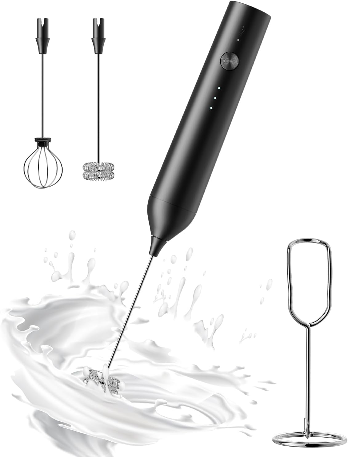 Rechargeable Milk Frother with Stand, Electric Frother Wand Handheld Coffee Foam Maker Detachable Stainless Steel Whisk Drink Mixer Foamer for Latte, Cappuccino, Hot Chocolate, Egg (Black)