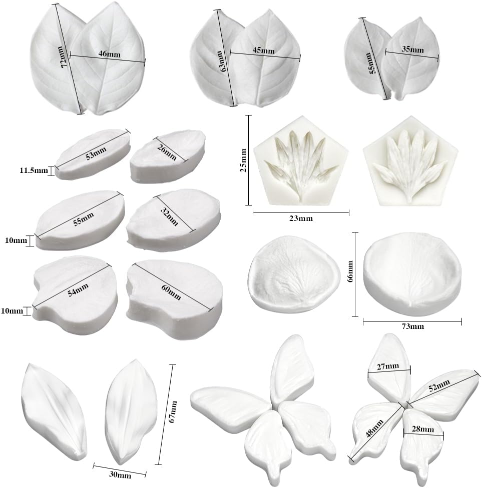 AK ART KITCHENWARE Silicone Veiner Stainless Steel Fondant Cutter Set for Gum Paste Flower Leaf Sugar Craft Tools Cake Decorating Supplies Silicone Veining Molds Moulds for Wedding with Christmas Box