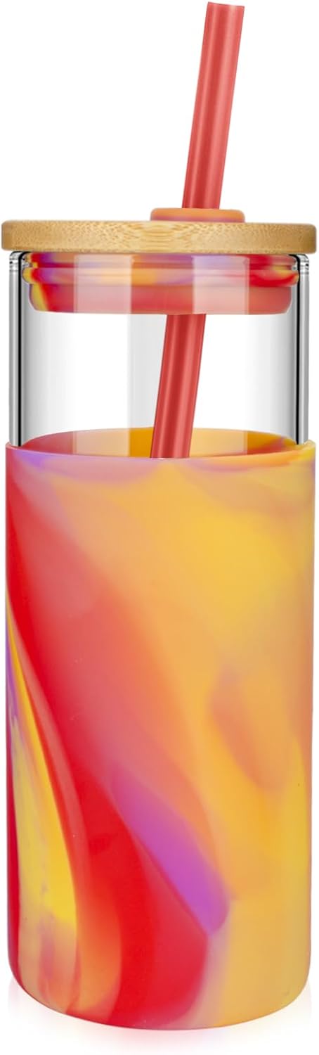 Tronco 20 oz Glass Tumbler with Straw and Lid- Glass Cup with Lid and Straw, Iced Coffee Cup Reusable, Smoothie Cups, Bamboo Lid and Protective Silicone Sleeve - BPA-Free