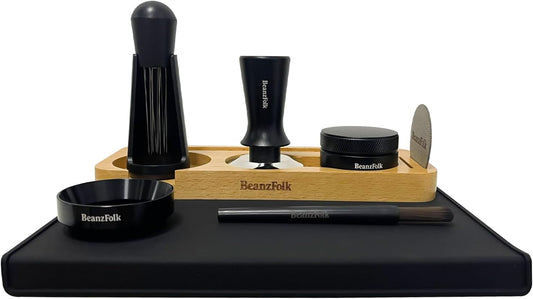 8-Piece Espresso Accessory Set – 53 mm Tools (Fits 54 mm Portafilters) – Tamper Station, Tamper, Distributor/Leveler, WDT Tool, Dosing Ring, Cleaning Brush, Puck Screen & Silicone Mat