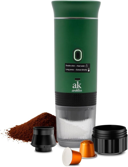 3-in-1 Portable Coffee Maker – Electric Espresso Machine for Travel – Compatible with Ground Coffee, NS & DG Capsules – USB-C Rechargeable Portable Espresso Maker (Green)