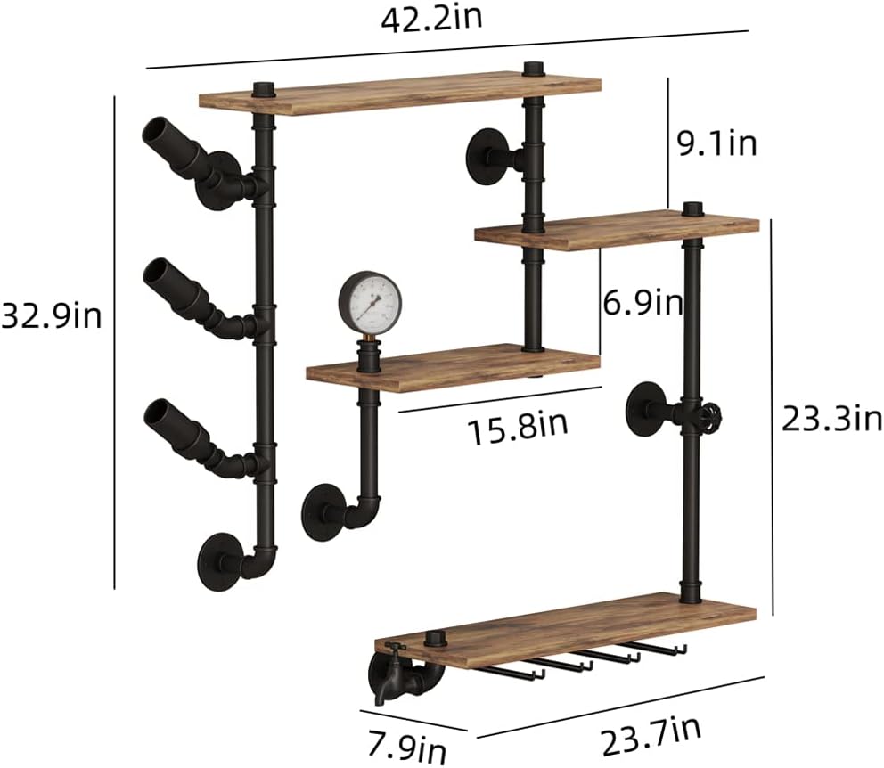Wall Bar Shelves Industrial Pipe Shelving with 4 Stem Glass Holder, 4-Tiers Rustic Floating Wine Rack Wall Mounted Bar liquor Shelf, 42 in Hanging Wood Shelves Glass Rack, Living Room Kitchen Decor