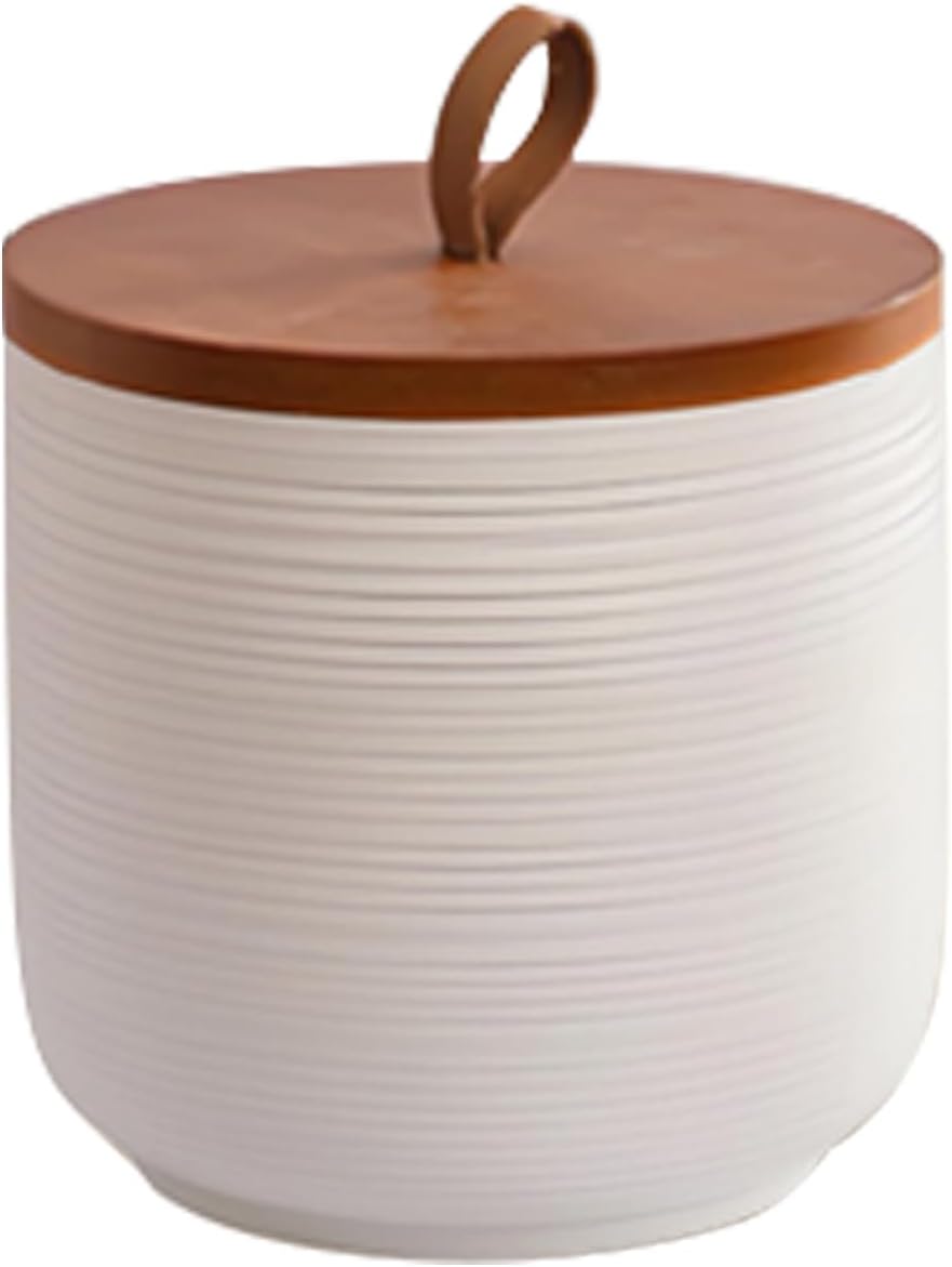 Food Storage Jar Strong Ceramic Storage Canisters with Airtight Wooden Lid,Kitchen Storage Containers for Serving Coffee Beans, Tea, Sugar, Salt, Spices (Little white)