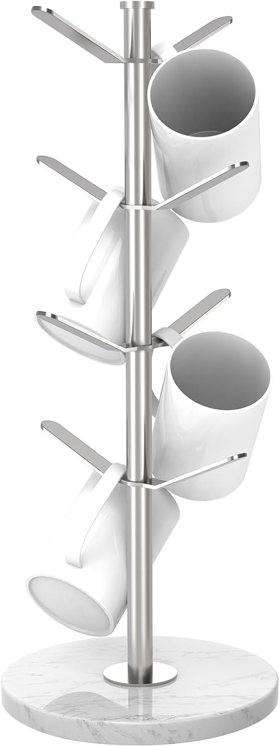 Marble Mug Holder Tree with 8 Hooks, Stainless Steel Coffee Cup Holder, Non-Slip Silicone Pads, Heavy Duty Marble Base, Countertop Organizer for Kitchen & Cafe, Silver
