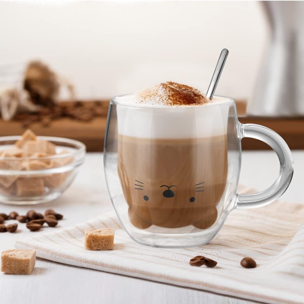 ecooe Cute Bear Mug Glass Coffee Cup 9.8oz Double Walled Glass Mug Cappuccino Latte Glass Cup with Handle Spoon, Milk Tea Bear Cup Birthday Christmas Valentine's Day Gifts for Women Kids Girls Friends